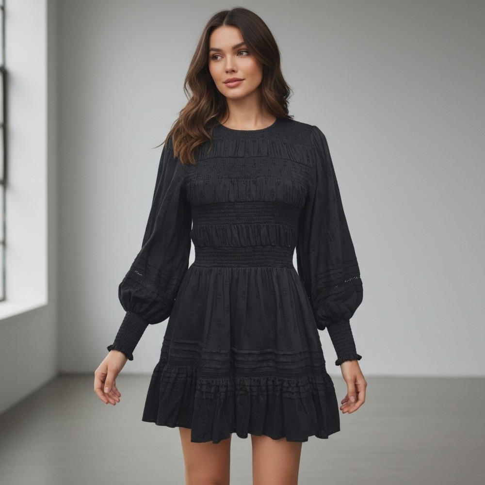 Cleobella Black Smocked Mini Dress Eyelet Lace Ruffle Long Sleeve Size XS